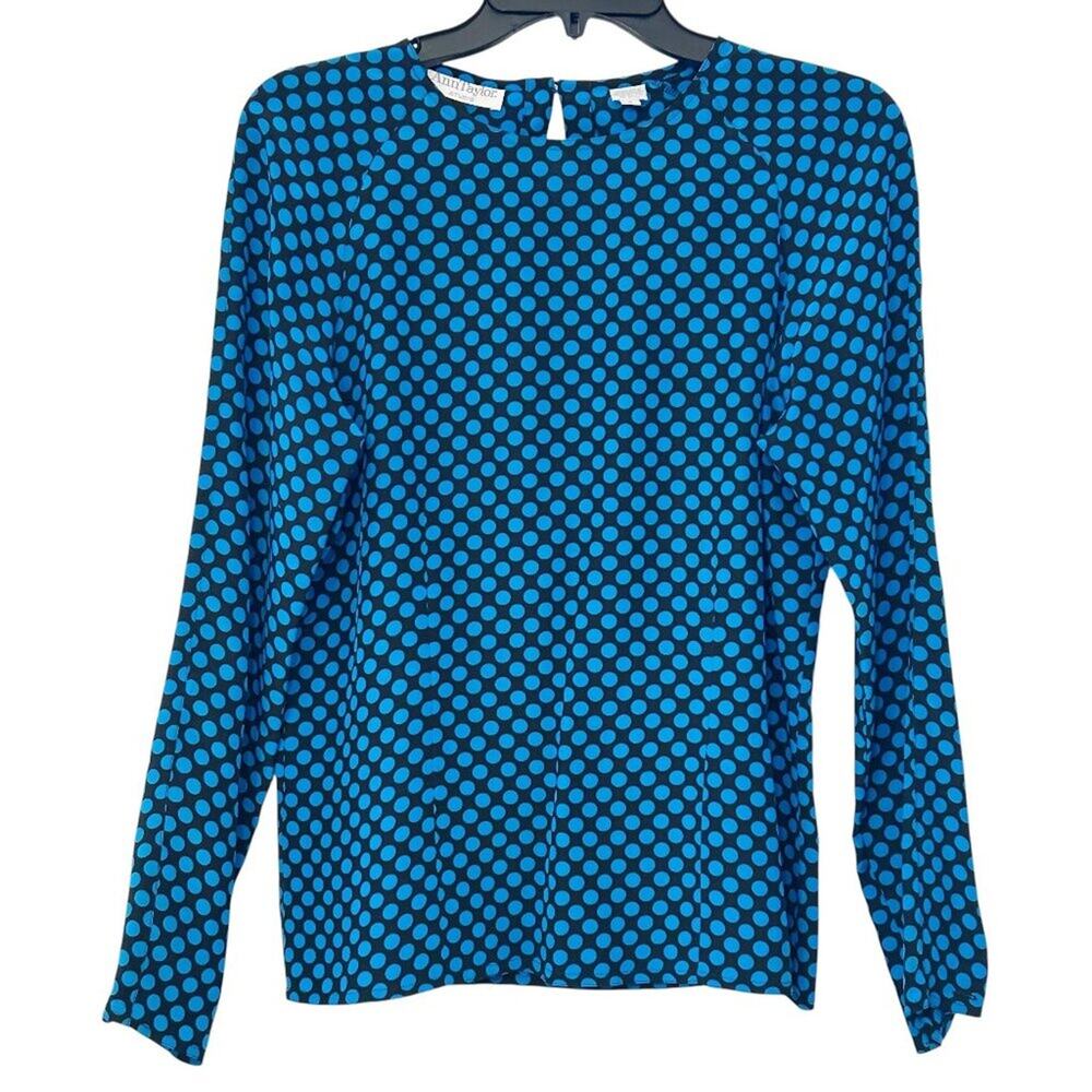 ANN TAYLOR Studio Silk Polka Dot Blouse Blue Black Size 4 Y2K Career Top
